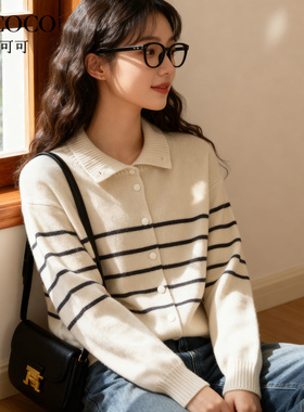 ROCOCO/洛可可2025秋季新款潮流翻领条纹毛衣女宽松简约舒适上衣