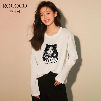 ROCOCO/洛可可莱赛尔2025秋新款猫咪字母纯色圆领时尚套头针织衫