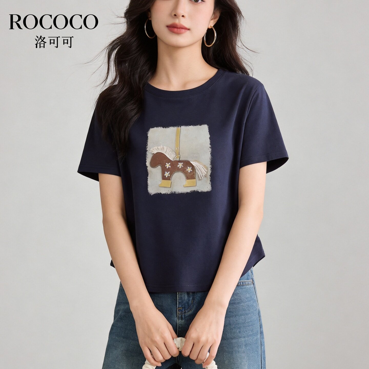 ROCOCO/洛可可卡通小马印花短袖T恤女灰色显瘦宽松棉感上衣