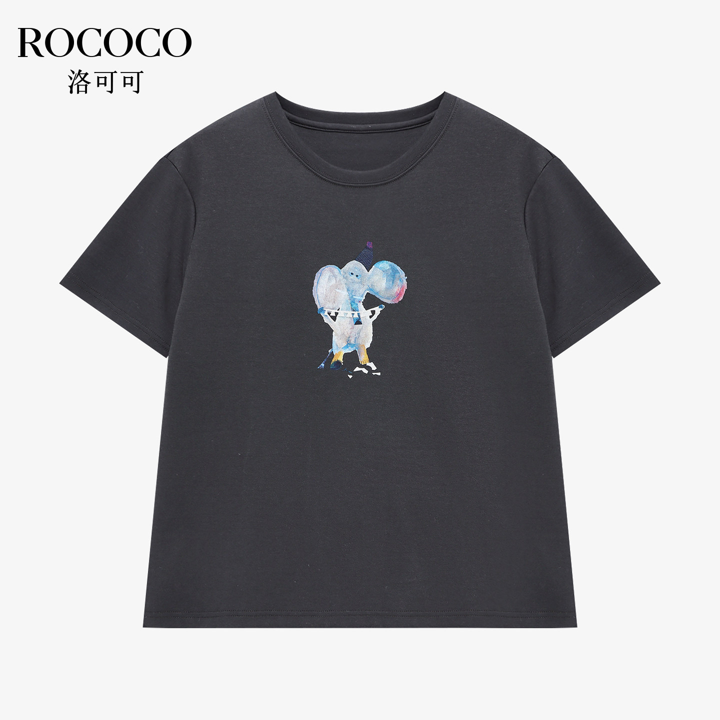 ROCOCO/洛可可日常休闲灰色大象印花短袖薄款宽松显瘦T恤女