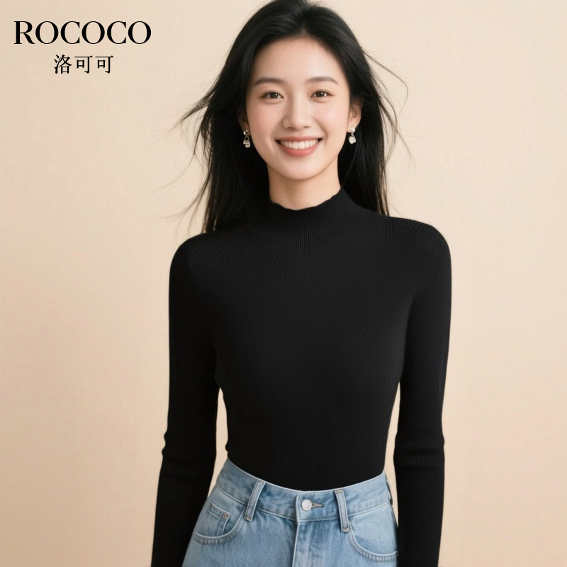 rococo/洛可可羊毛针织衫女纯色经典百搭保暖打底半高领多色上衣