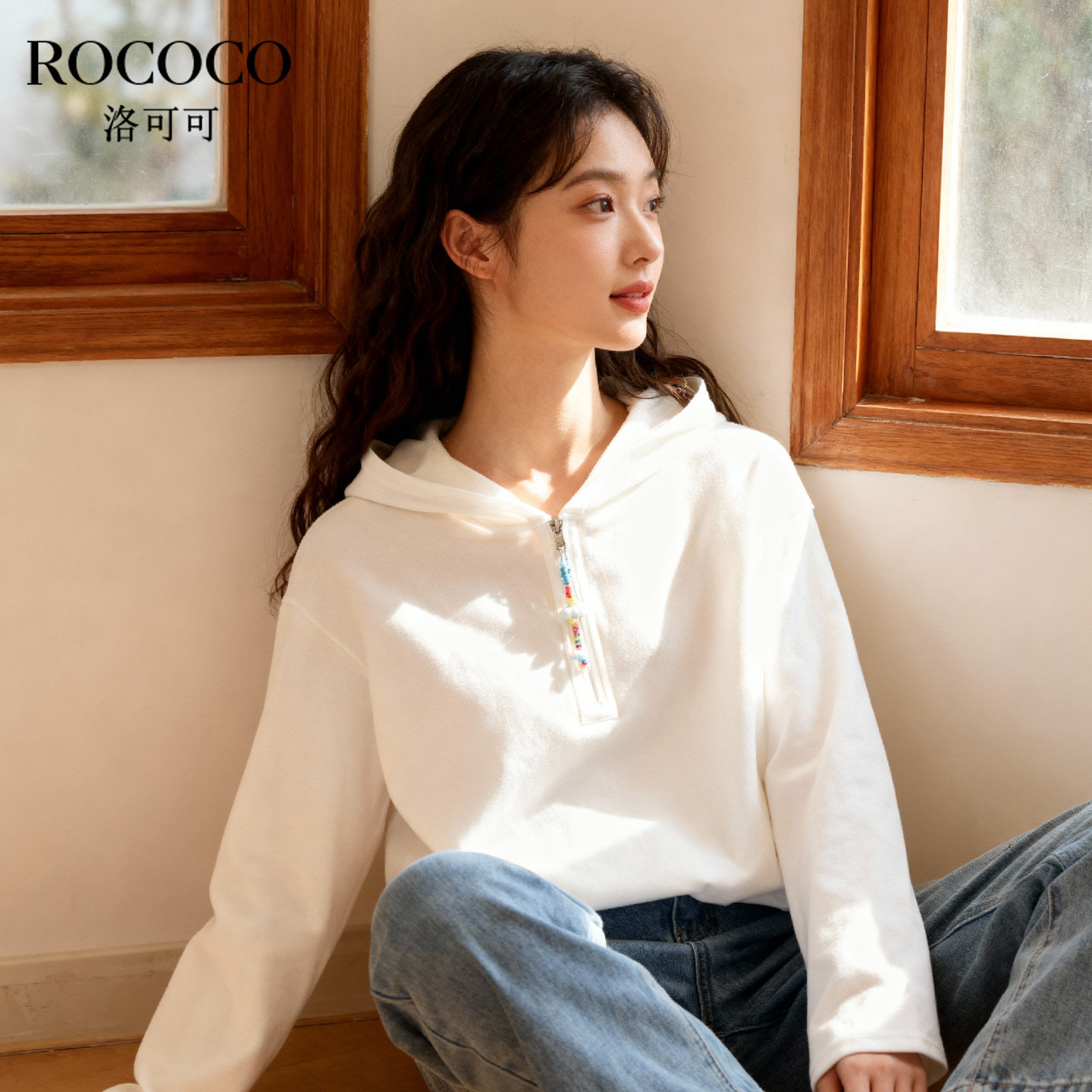 ROCOCO/洛可可2025秋新款纯色连帽显瘦百搭T恤女宽松清新文艺上衣