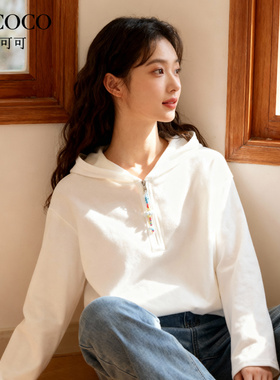 ROCOCO/洛可可2025秋新款纯色连帽显瘦百搭T恤女宽松清新文艺上衣