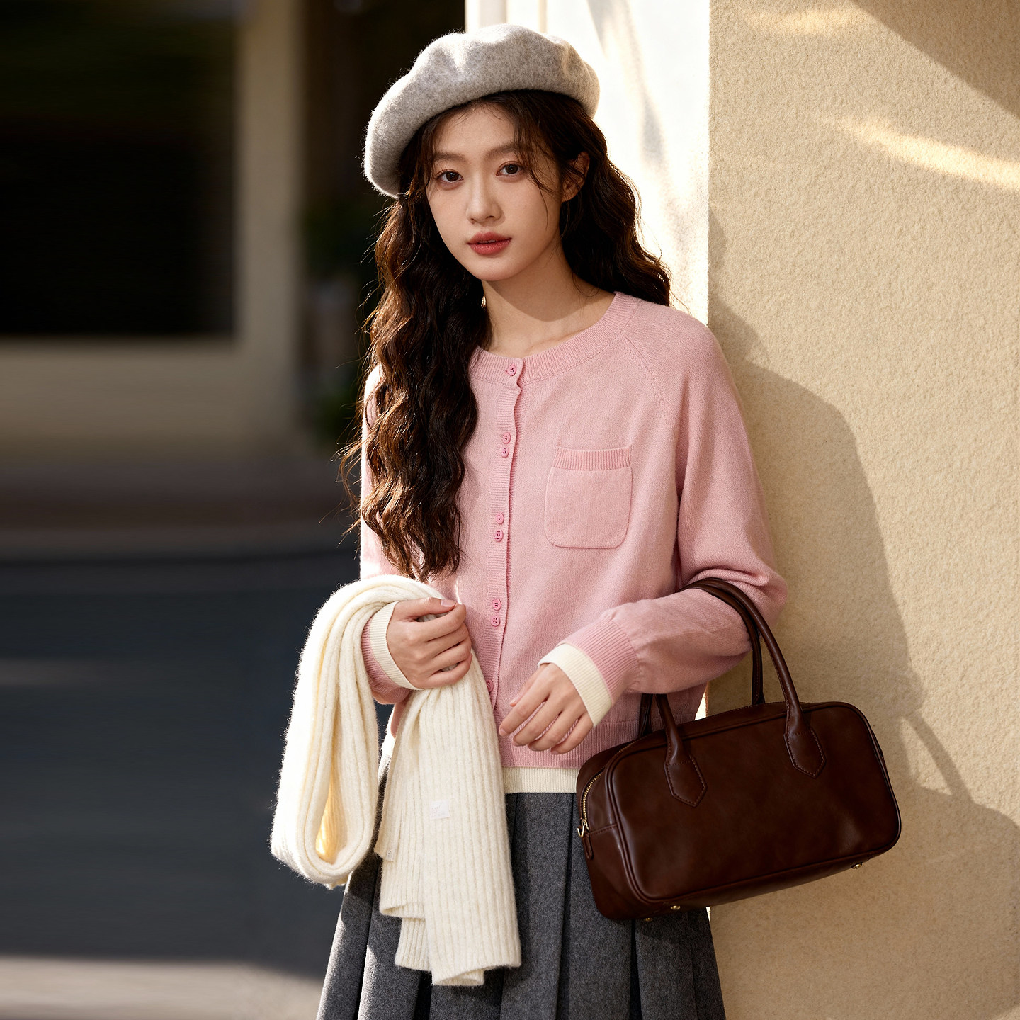 ROCOCO/洛可可粉色假两件圆领开衫女春秋宽松显瘦长袖针织外套