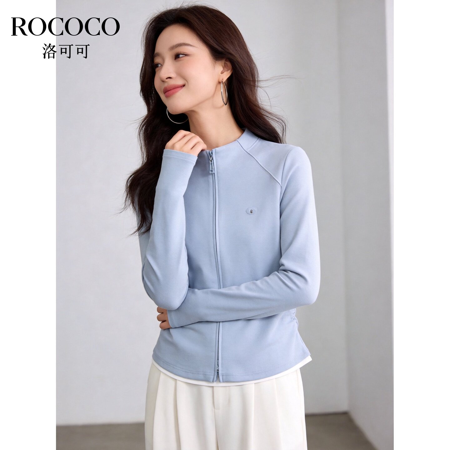 ROCOCO/洛可可假两件半高领拉链开衫卫衣女修身显瘦短款上衣