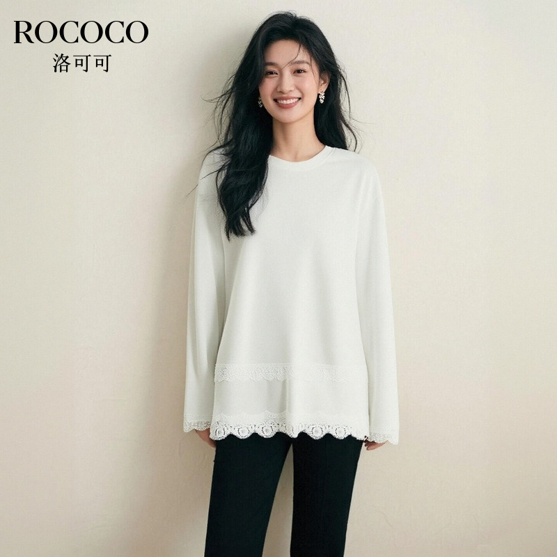 ROCOCO/洛可可蕾丝拼接白色长袖T恤女2025秋新款宽松圆领套头上衣