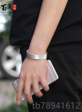 高档丽江雪花手镯99银9足方定形亚光银简约男女手工手镯制做手环
