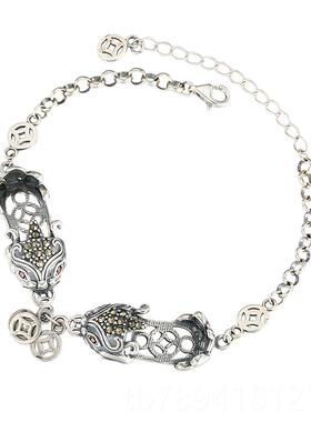 高档S925纯银手链手镯空托女 复古貔貅男ydi蜜蜡琥侣珀手镯空托情