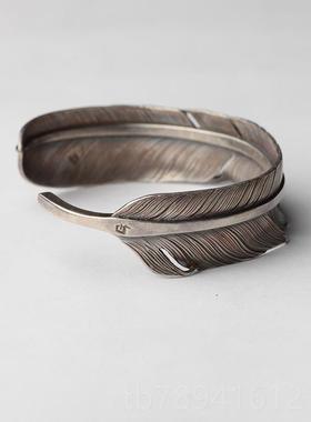 高档偶屿原创民族风手錾刻纯银羽开口工羽复古手镯毛小众设计鹰手