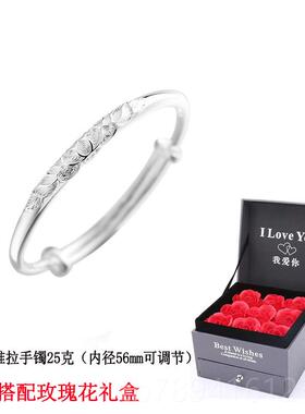 高档999纯银手镯 丝推拉缩款手镯花女年轻实心妈妈生送女友日伸礼