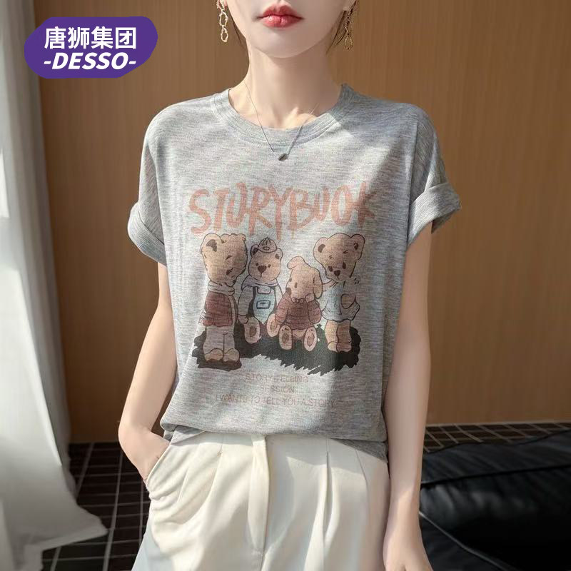 唐狮集团DESSO复古卡通印花舒适圆领T恤女宽松透气小飞袖百搭打底