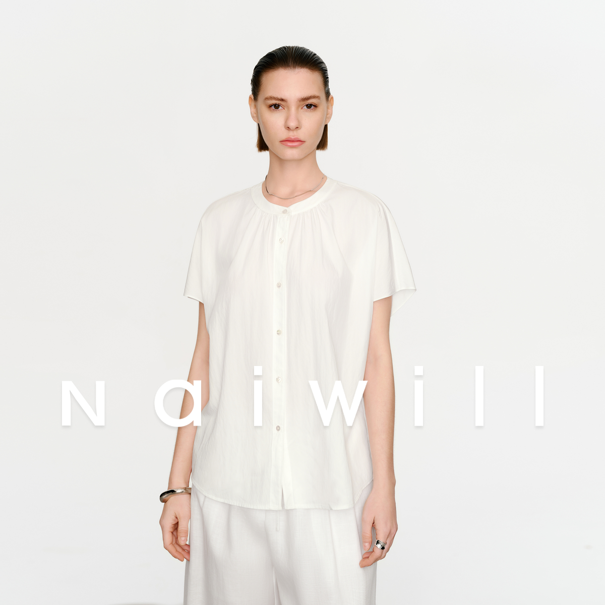 naiwill专柜同款衬衫女2025夏季新款圆领短袖爆款衬衣肌理感小衫