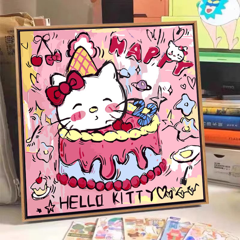 HelloKitty凯蒂猫生日快乐数字油画DIY儿童手工填充涂色卡通礼物