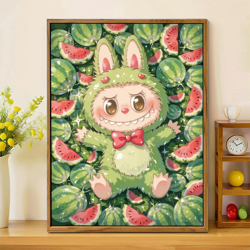 夏日西瓜拉布布DIY数字油画卡通水果labubu手工绘填充涂色装饰画图片