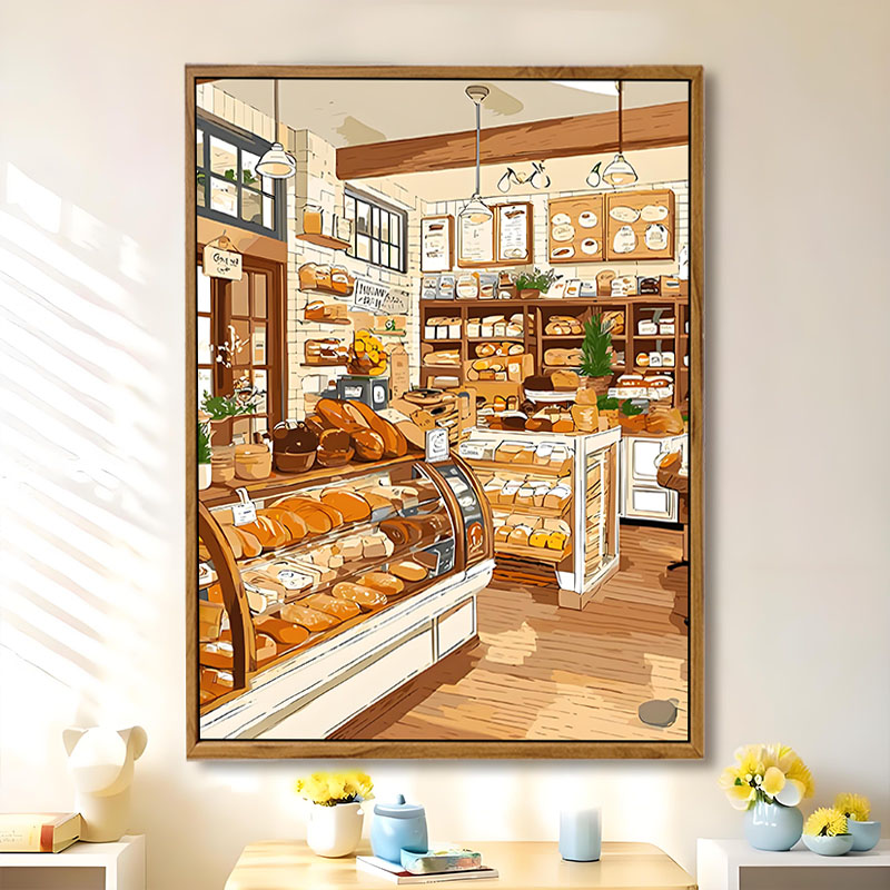 治愈系面包店美食DIY数字油彩画手工绘涂色解压丙烯餐厅装饰挂画图片