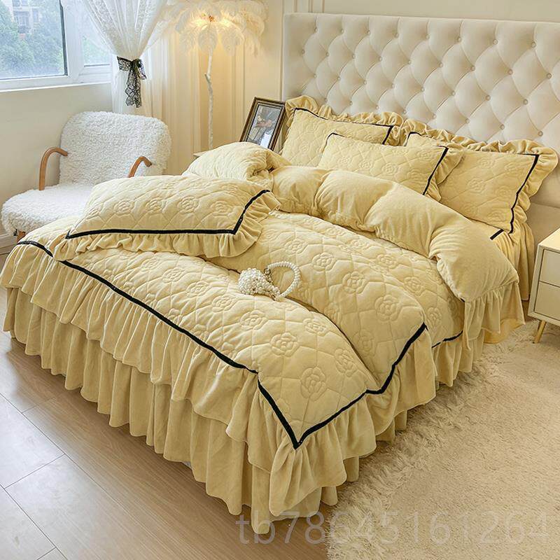 正品加牛奶绒夹棉床裙款四暖件套双面加绒被全套保法兰珊瑚绒秋厚