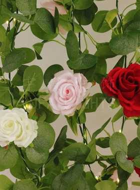 室内2米长白色粉色红色玫瑰花LED尤加利叶藤条铜线电池灯婚庆装饰