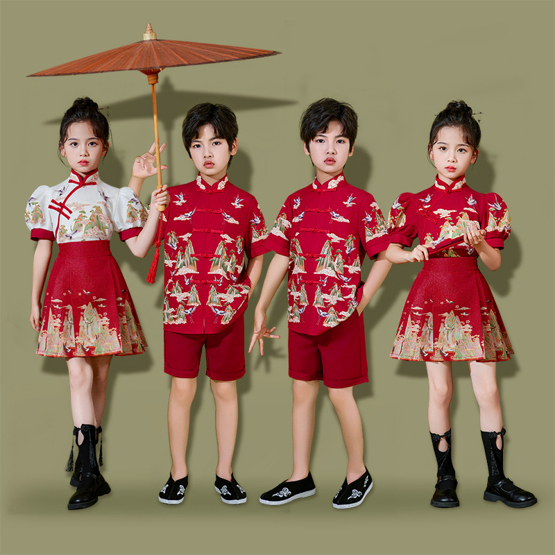 儿童中国风演出服小学生国风v套装女童马面裙幼儿园毕业汉服表演