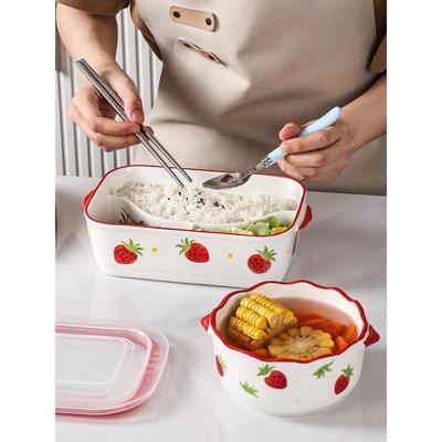 陶瓷分格饭盒带盖微波炉加热上班族便当盒可爱学生保鲜碗分格餐盘