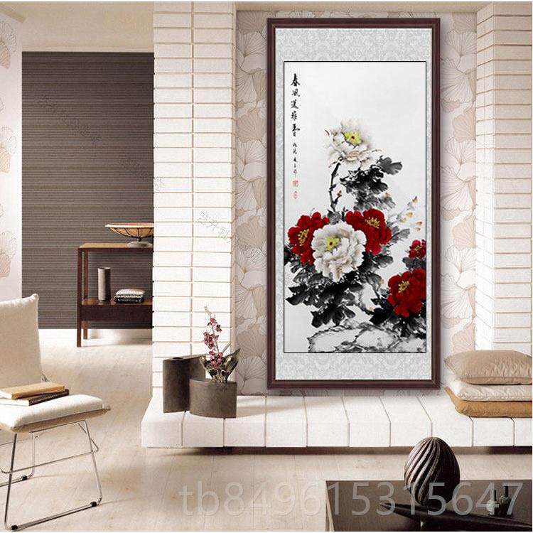 高档手绘丹国画花开饰富贵鱼牡图客厅玄关入户走廊过道竖版九装画