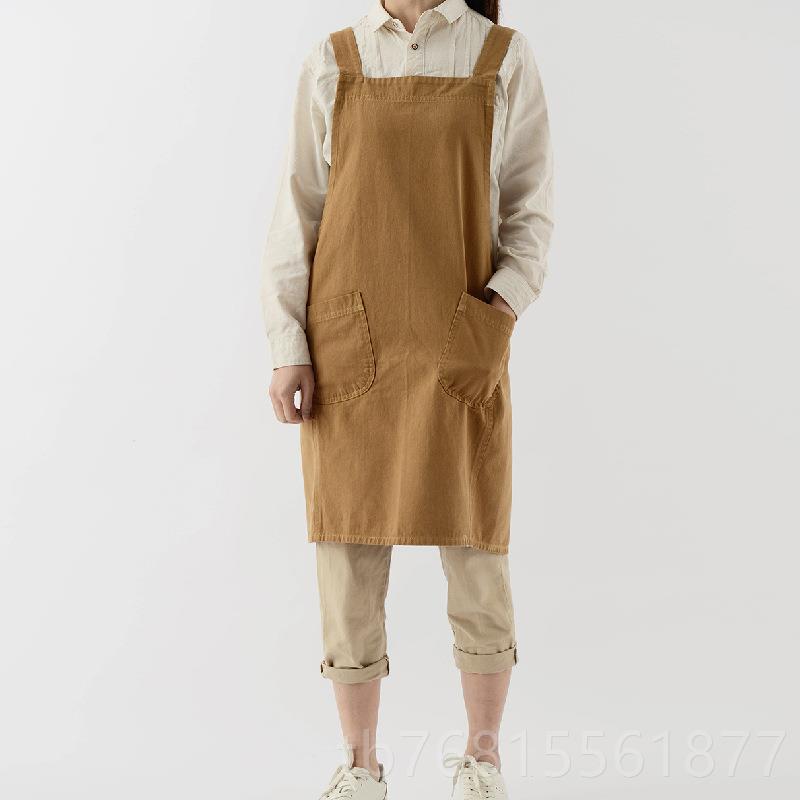 正品日式时尚新款纯围裙幼儿园定制家厨房背女带工作用棉服棉质布