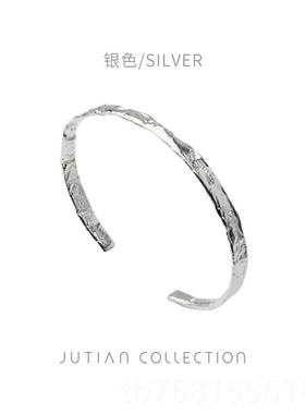 正品JUIAN韩版纯银手镯女 年款轻简约T冷淡性风金箔纹开口个学生