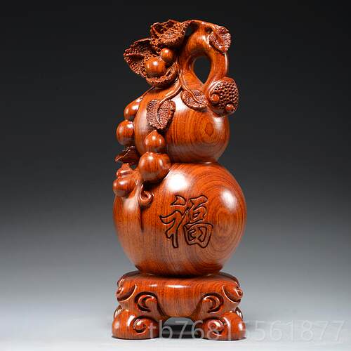 正品花梨实木质雕刻五福临门葫芦摆件红木家艺居客装厅饰工乔迁送