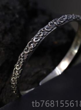 正品蒙客纯吉祥卷草纹手镯男女原创银复古纯情银手环男士祥云银侣