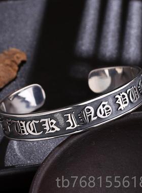 正品S925复古银手工金刚杵六字真言个性小众潮人男开士口银手镯子