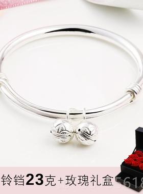 正品铃铛999银手镯女镯纯银年轻款简可爱学生手约实心镯手工子送