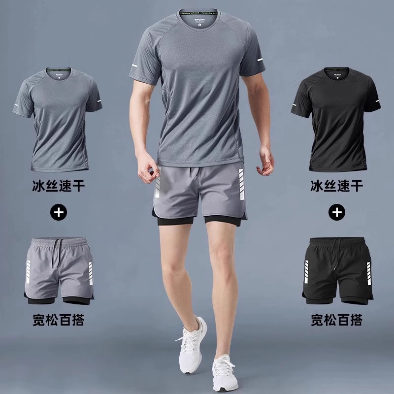德国健身衣服男马拉松跑步冰丝夏季短袖短裤晨跑装备速干运动套装