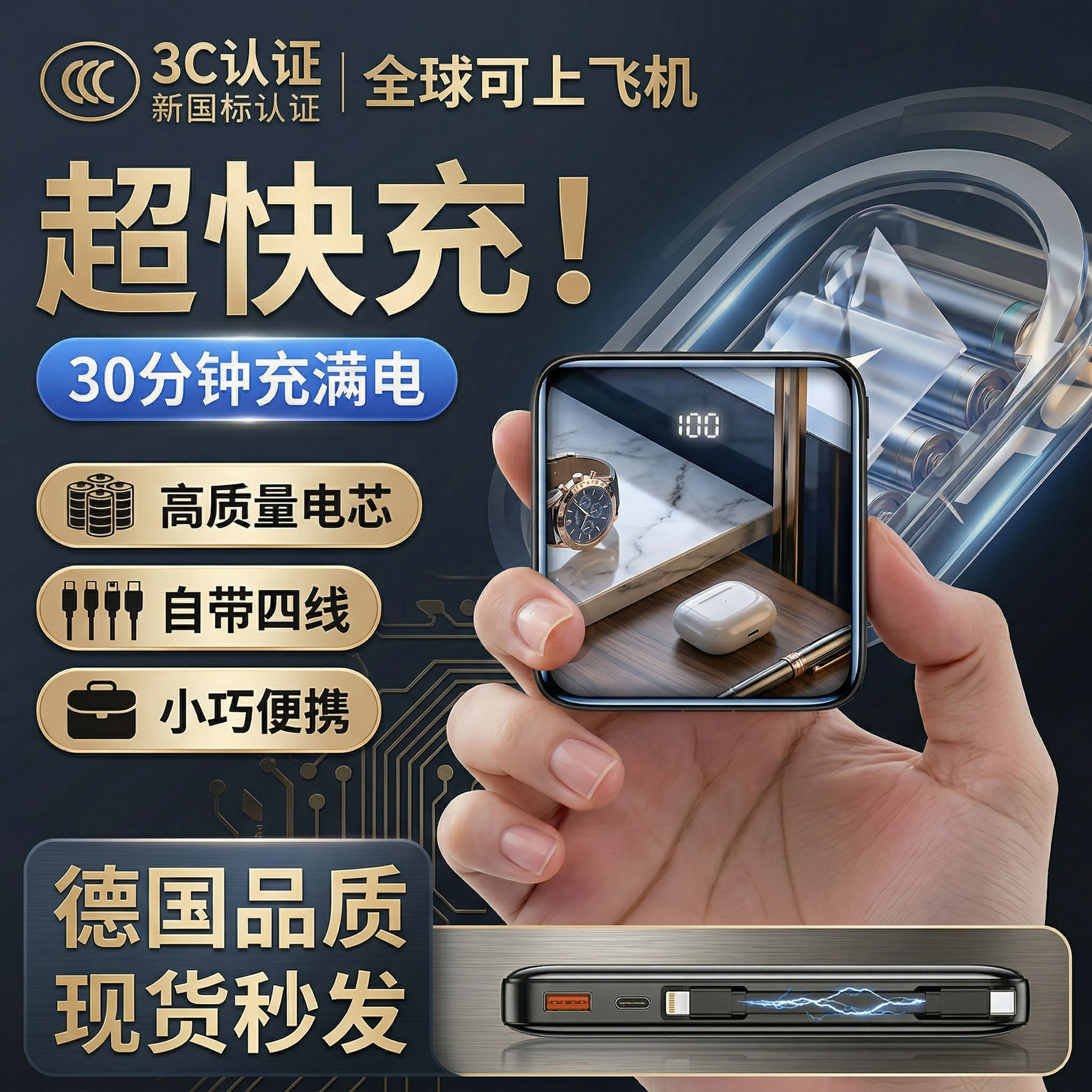 德国3C认证充电宝20000毫安大容量自带线快充超薄便携式移动电源