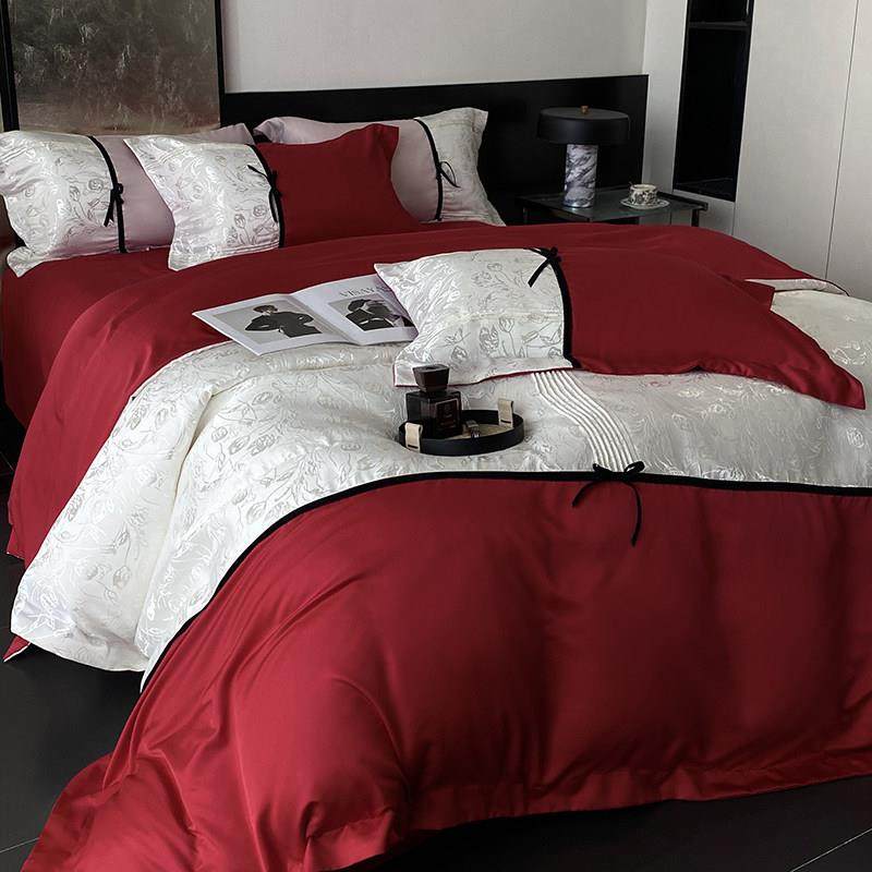 高档花卉刺绣夏季冰丝结婚四件套丝滑裸睡感新婚庆床上用品床笠款,床上用品,婚庆床品套件,淘宝优惠券,粉丝福利购,淘宝优惠卷