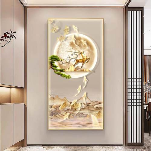 玄关装饰画 画九鱼图入户走廊过道挂画 画高级感福鹿进门LED灯光