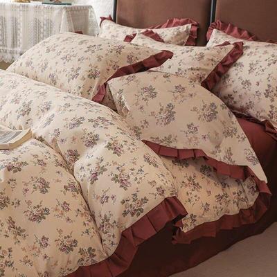 法式红色四件套碎花被套高级感公主风床单裸睡床上用品床笠款花边