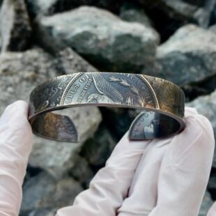 高档根币工复摩古手镯男创意个性欧美飞银鹰女神硬币手s925纯银手