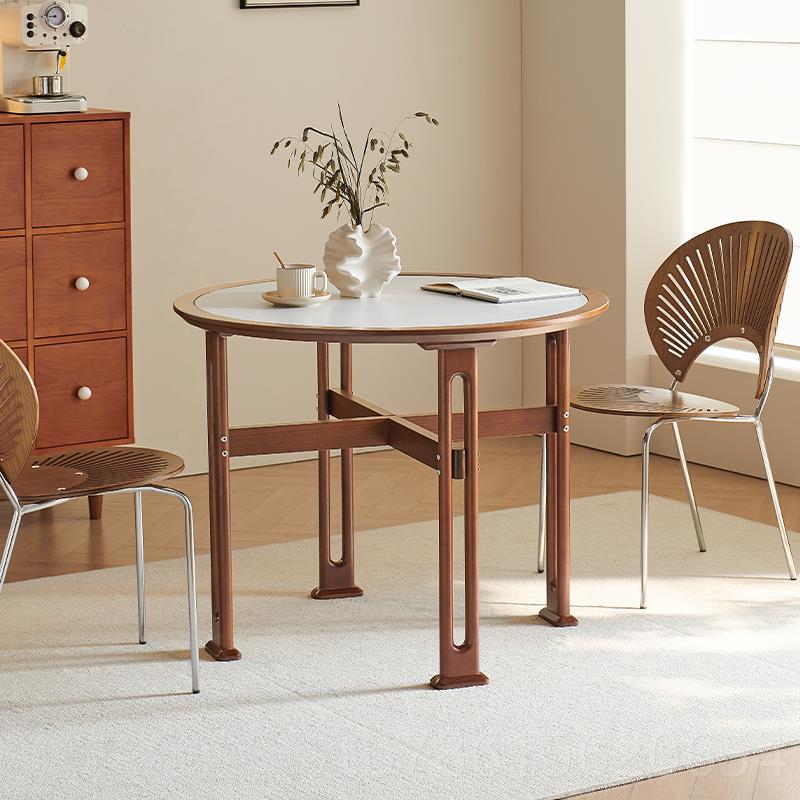 高档中古风岩板桌法式复古实木圆形黄小户型家用组合简约木饭杨桌