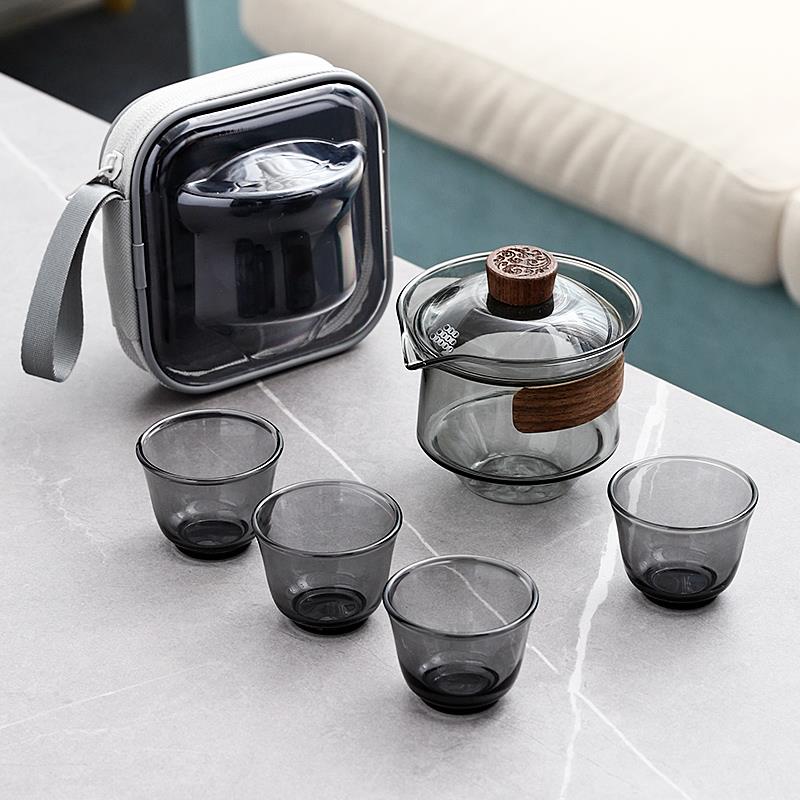 轻奢高档玻璃便携式旅行茶具快客杯户外车载露营泡茶壶套装包礼品