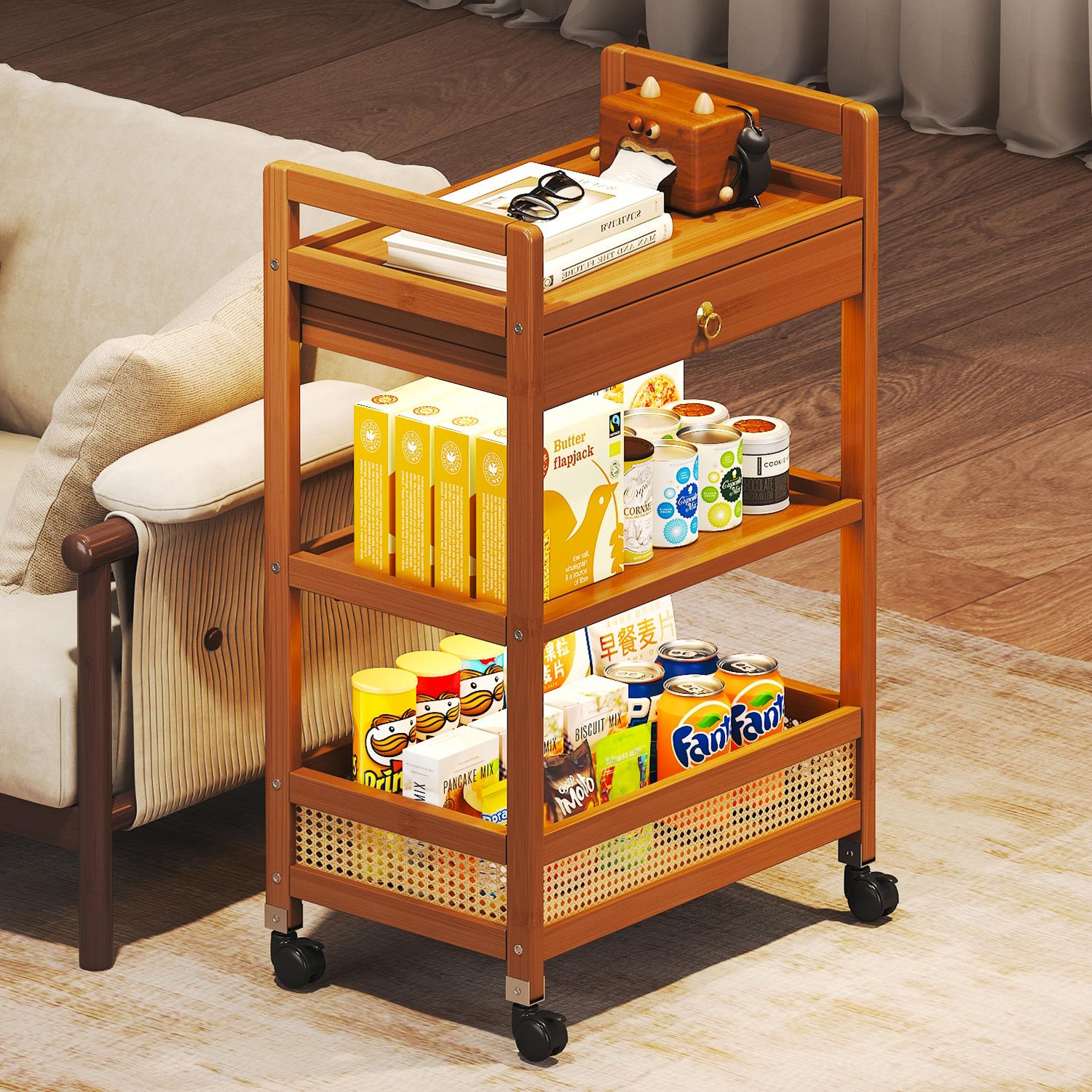 仿藤小推车零食置物架卧室家用多层带轮收纳架客厅简易落地可移动