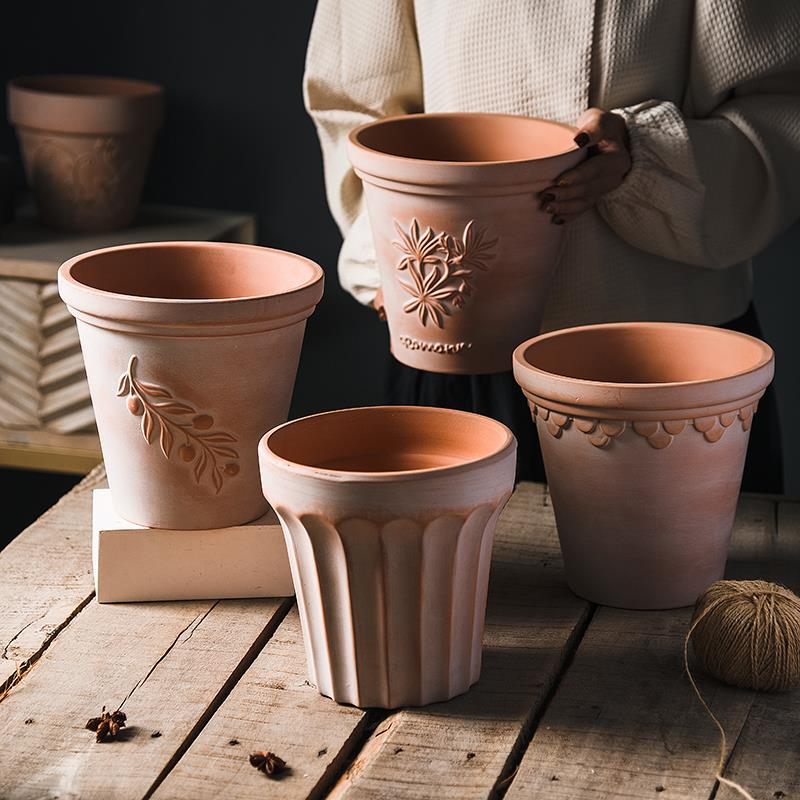 红陶花盆浮雕雾化白覆古宽边绿植庭院盆栽大号透气室内阳台带托