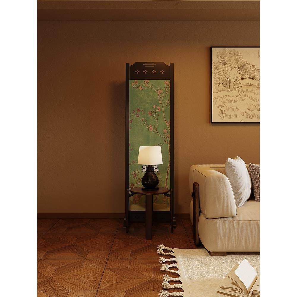 中古风格桃花树折叠实木屏风漆画屏风高端入户客厅隔断定制图案