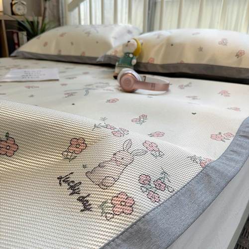 卡通夏天床上凉席三件套小碎花席子可水洗冰藤席冰丝席藤席兔子