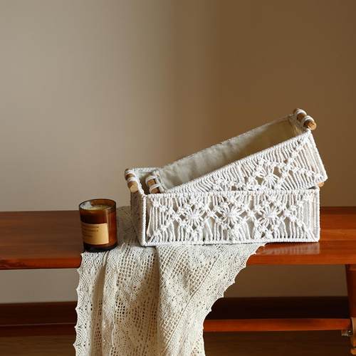 桌面零食收纳盒杂物收纳筐小众原木覆古风手工编织度假民宿整理框