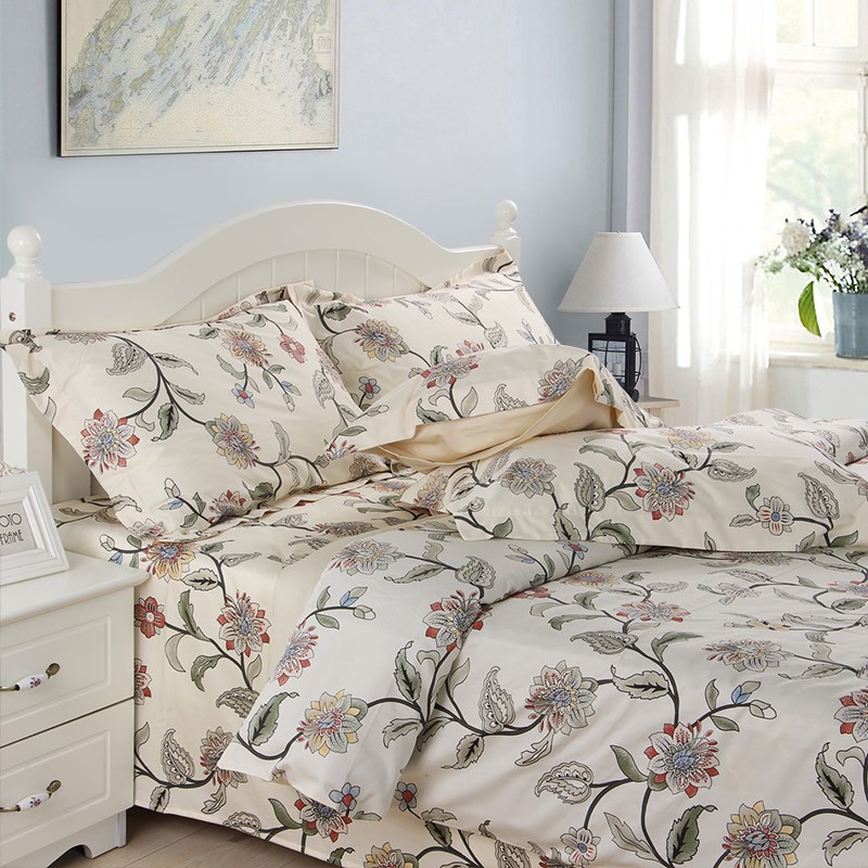 美式植物花卉竹棉床上四件套 柔软贡缎竹纤维床笠式床单双人套件
