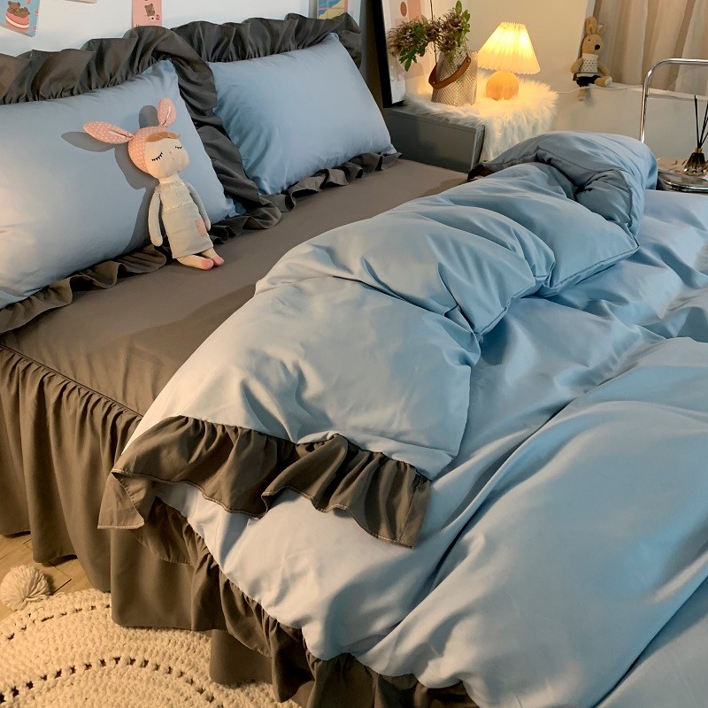 公主风雾霾蓝床裙花边被套床单四件套水洗棉纯色少女心宿舍三件套