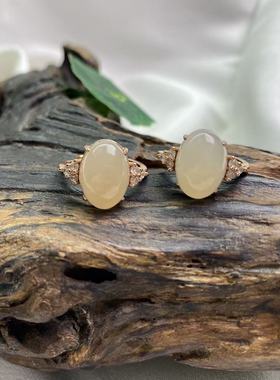 天然和田玉藕粉镶S925戒指