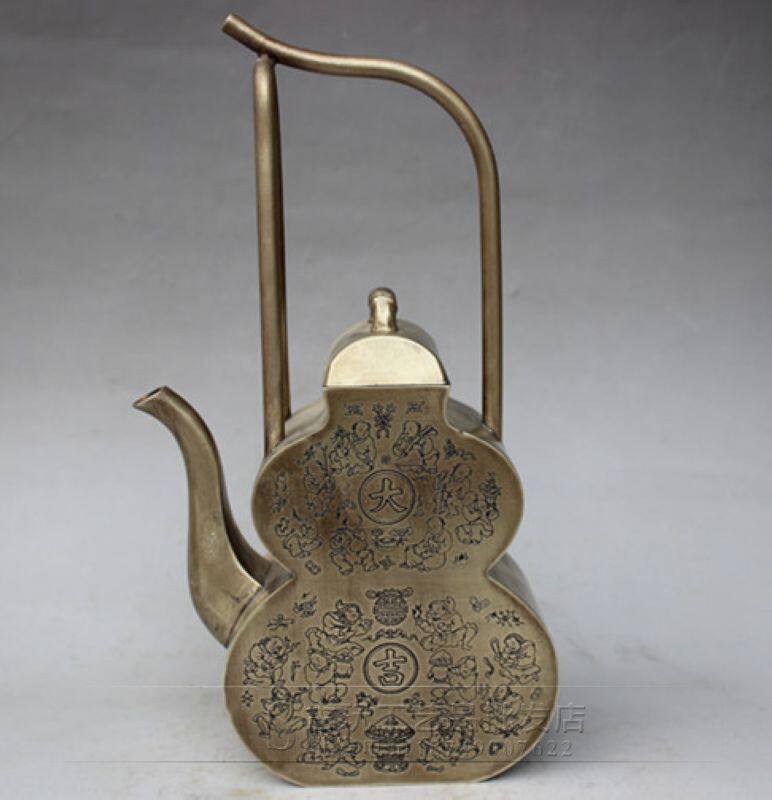 做旧古玩铜器批发 复古摆饰白铜鎏银葫芦形手提茶壶 做旧杂件摆件