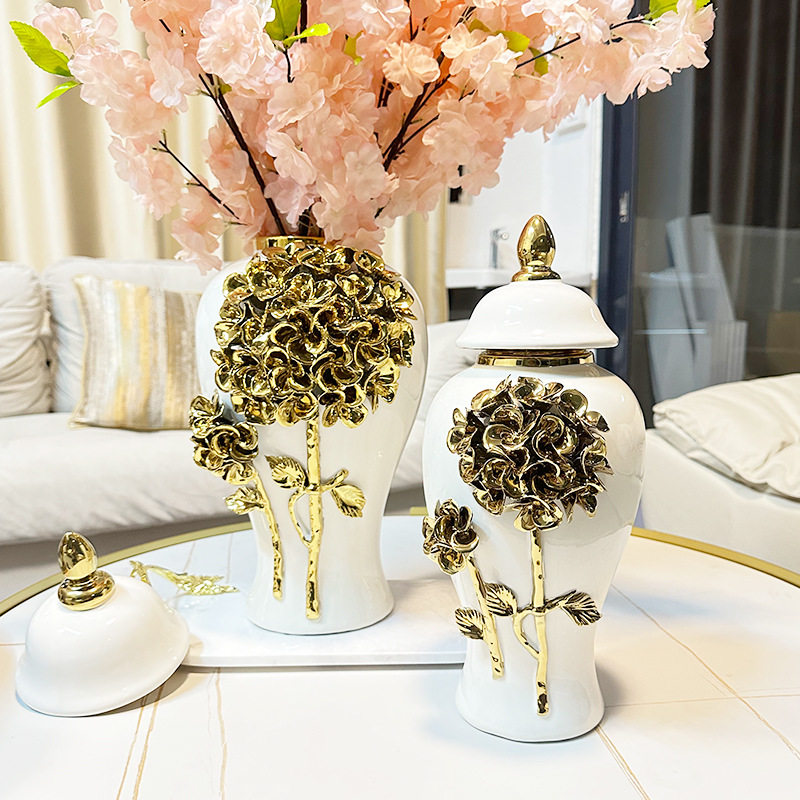 欧式轻奢陶瓷手工贴花将军瓶电镀金色插花花瓶样板房玄关客厅摆件,模玩/动漫/周边/娃圈三坑/桌游,文化/体育周边,淘宝优惠券,粉丝福利购,淘宝优惠卷