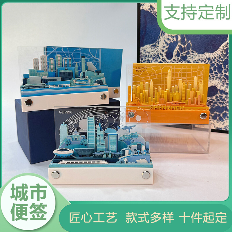纸雕城市便签竖签式背光桌面摆件城市立体便签上海深圳广州立体纸