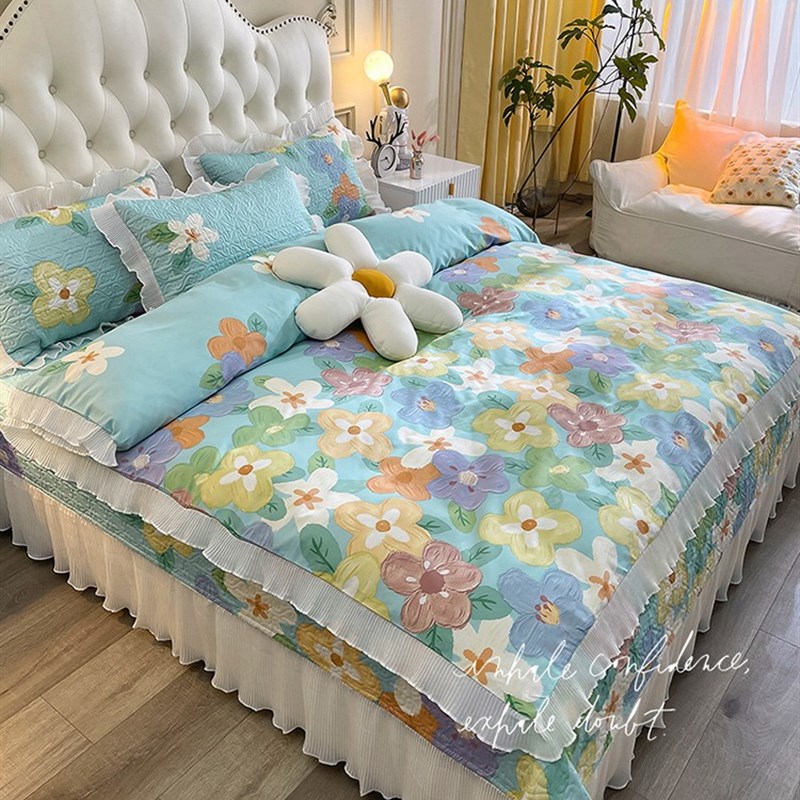 纯棉夹棉床盖四件套公主风荷叶花边加厚夹棉三件套床盖床上用品